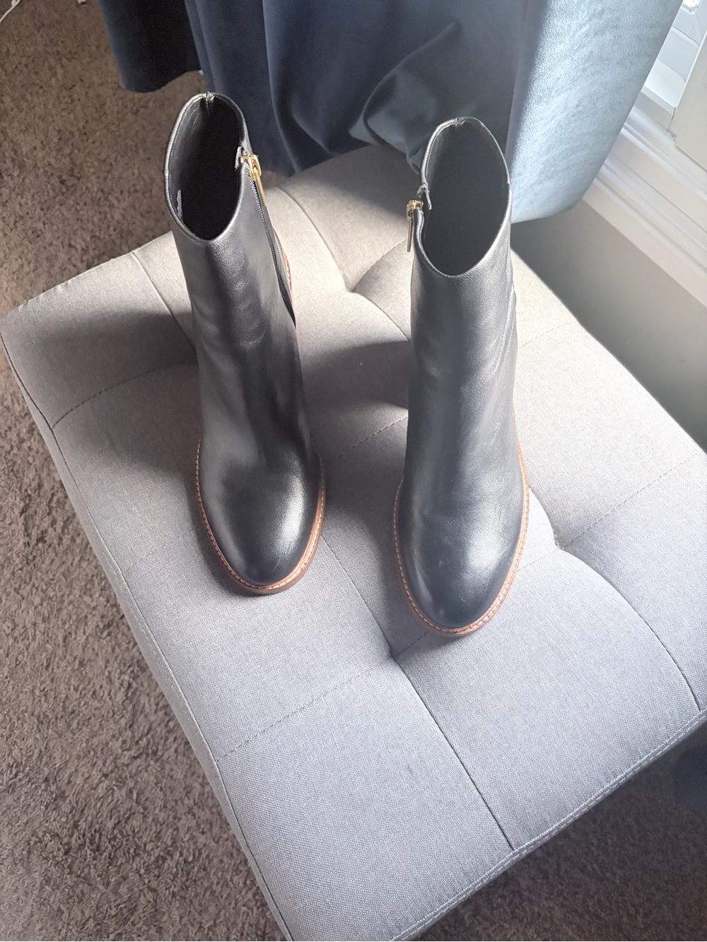Marc Fisher Black Leather Ankle Booties with Brown Welt